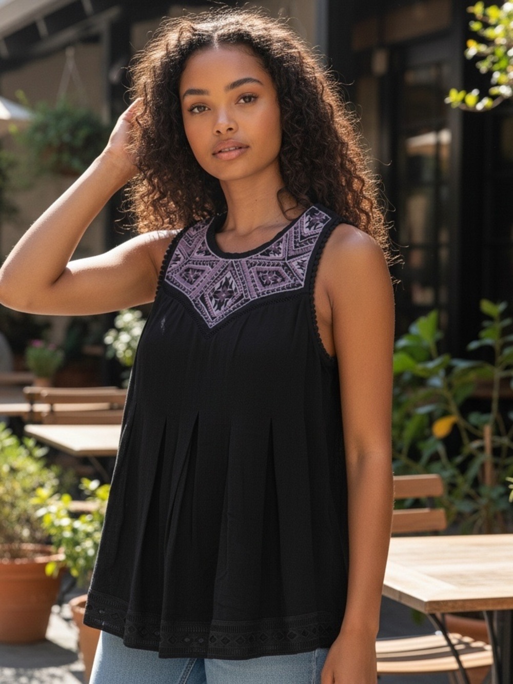 Knox Rose Black Tank with Purple Embroidered Yoke